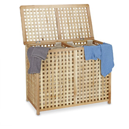 Relaxdays Wäschesammler Duo Walnuss, breite Wäschetruhe, 2 Wäschesäcke, Doppel Wäschebox HBT 68 x 88 x 46 cm, natur