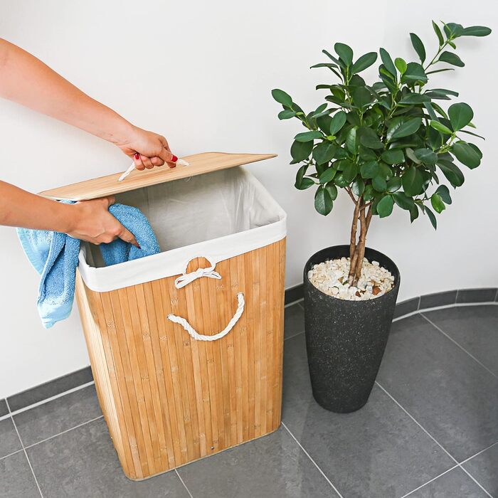 Relaxdays Wäschekorb Bambus, mit Deckel, rechteckig, XL, 83 L, faltbarer Wäschesammler, HBT 65,5 x 43,5 x 33,5 cm, natur