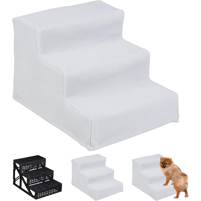 Relaxdays Hundetreppe 3 Stufen, kleine & große Hunde, Bett & Couch, Stoffbezug, Tiertreppe innen, HBT: 30x35x45 cm, weiß weiß 30x35x45 cm (1er Pack)