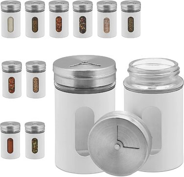 Relaxdays Gewürzstreuer, 12er Set, 3 Streugrade, Gewürze & Kräuter, Gewürzgläser, 90 ml, Glas, Edelstahl, (Weiß/Silber)