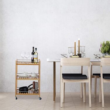 Relaxdays Servierwagen Bambus, 3 Ablagen, 360° Rollen, Edelstahl-Stangen, HBT: 76,5x46x38 cm