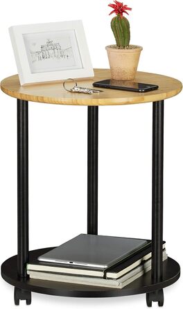 Relaxdays runder Beistelltisch, fahrbar, modernes Design, Bambus, HxD: 59x60 cm, schwarz/natur