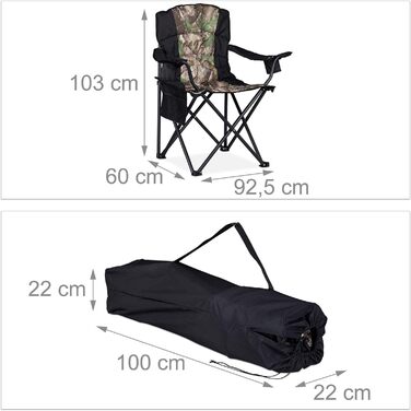 Relaxdays, schwarz-grün Campingstuhl, klappbarer Anglerstuhl mit 2 Getränkehaltern & Seitentasche, tragbar, bis 113 kg, Stahl