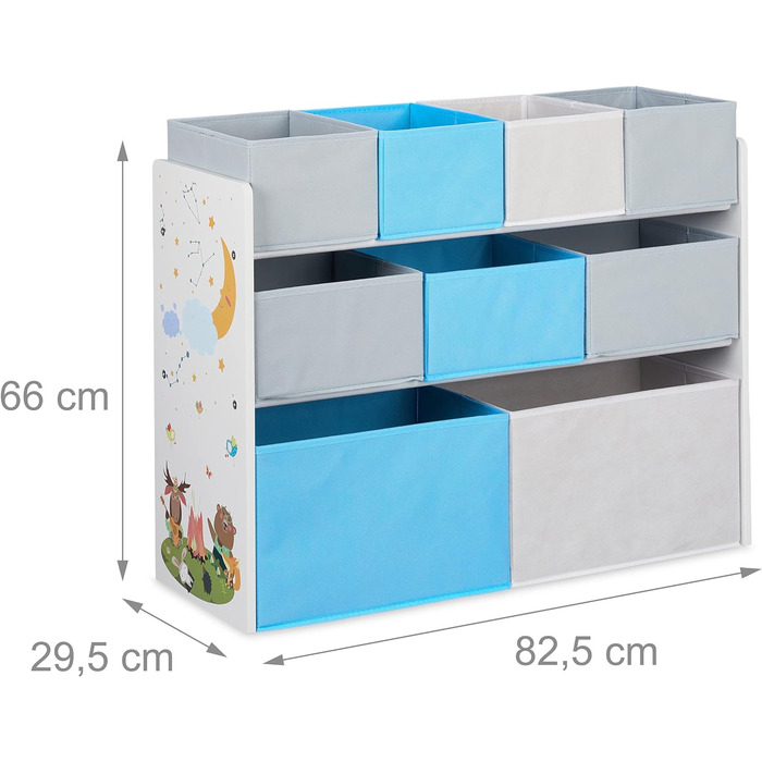 Relaxdays Kinderregal mit 9 Stoffboxen, Lagerfeuer Kindermotiv, Spielzeugregal Organizer HBT 66 x 82,5 x 29,5 cm, bunt